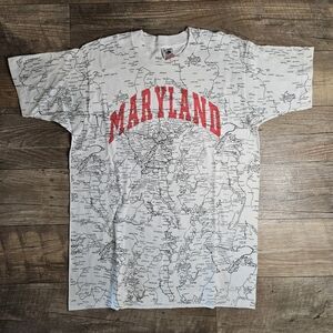 Vintage Maryland Map AOP Graphic Tee - White with Red Print Fruit Of The Loom M